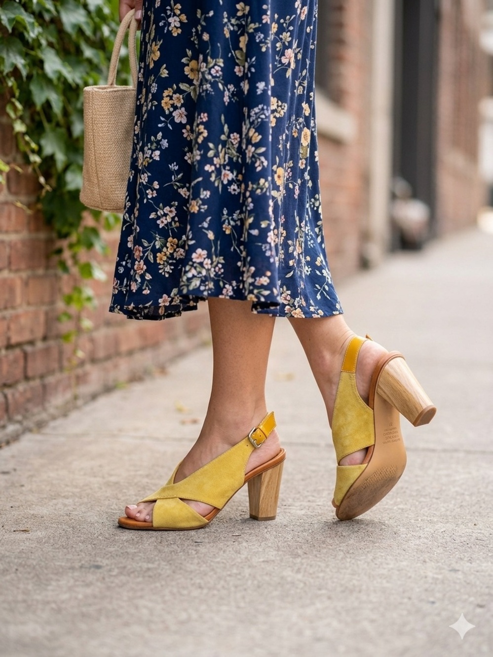 Latitude Femme Yellow Suede Criss-Cross
Slingback Sandals Wood Heel Italy 37/7